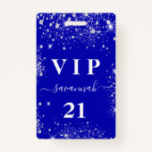 Birthday royal blue zilverglitter vip uitnodiging badge (Voorkant)