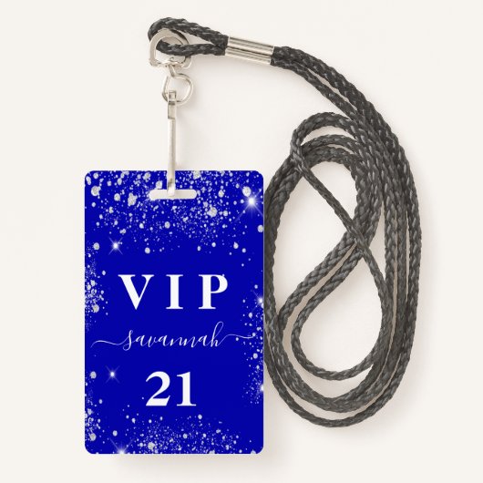 Birthday royal blue zilverglitter vip uitnodiging badge (Voorkant met draagriem)