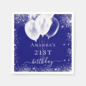 Birthday royal blue zilverglitter witte ballonnen servet (Voorkant)