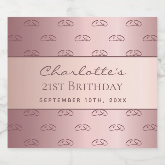 Birthday roze dusty roos monogram initiaal script sparkling wijnetiket (Enkel label)