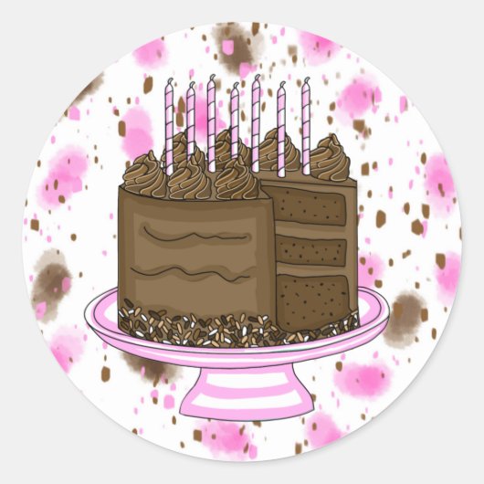 Birthday roze en bruine chocolade Cake Ronde Sticker (Voorkant)