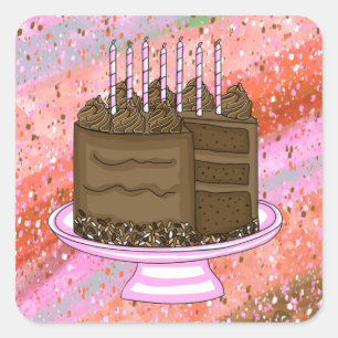 Birthday roze en bruine chocolade Cake Vierkante Sticker