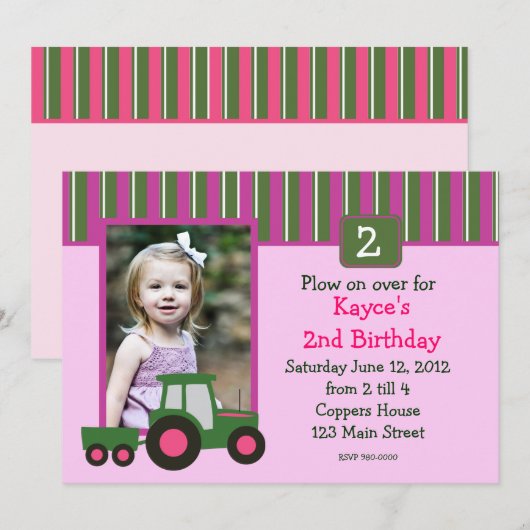 Birthday - roze en groene meisjestrekker uitnodige kaart (Voorkant / Achterkant)