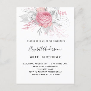 Birthday roze floralen elegant-wit-modern uitnodiging briefkaart