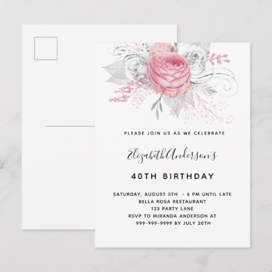 Birthday roze floralen elegant-wit-modern uitnodiging briefkaart (Voorkant / Achterkant)