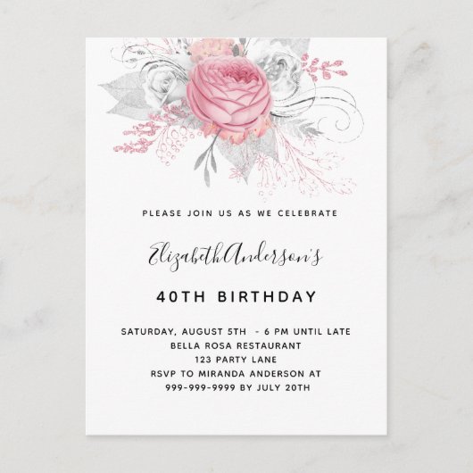 Birthday roze floralen elegant-wit-modern uitnodiging briefkaart (Voorkant)