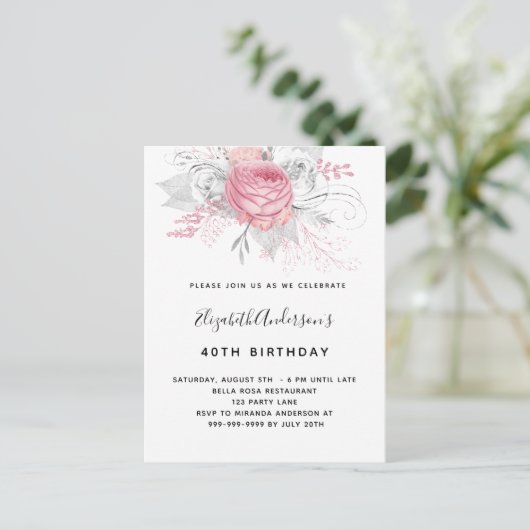 Birthday roze floralen elegant-wit-modern uitnodiging briefkaart (Staand voorkant)