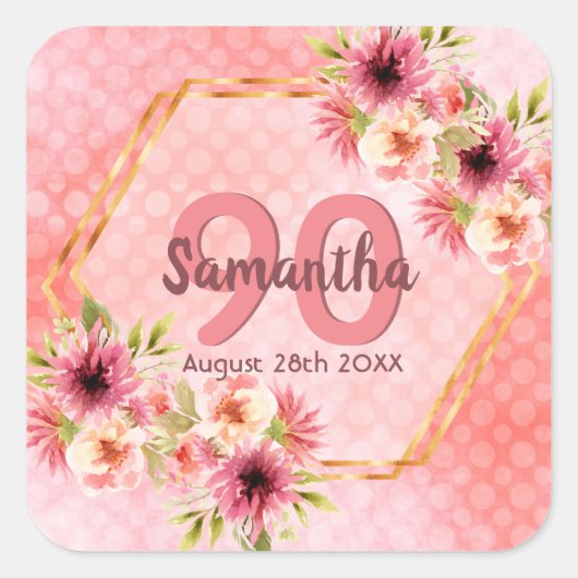 Birthday roze florals goudgeometrische naam vierkante sticker (Voorkant)