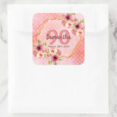 Birthday roze florals goudgeometrische naam vierkante sticker (Tas)