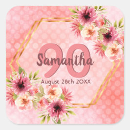Birthday roze florals goudgeometrische naam vierkante sticker
