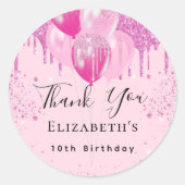 Birthday roze glitter ballonnen meisje bedankt ronde sticker (Voorkant)