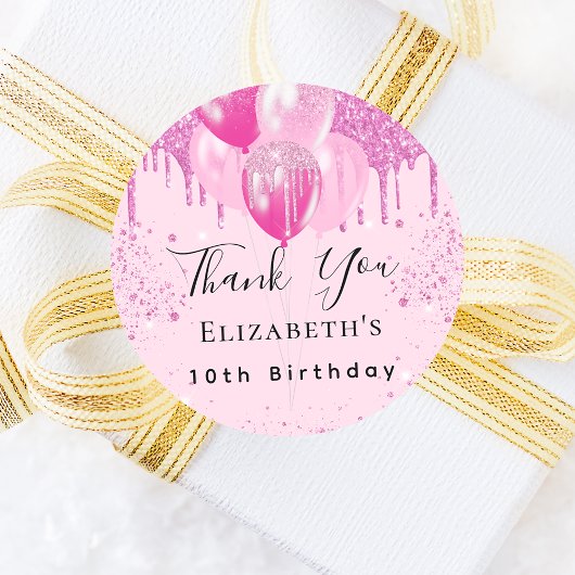 Birthday roze glitter ballonnen meisje bedankt ronde sticker
