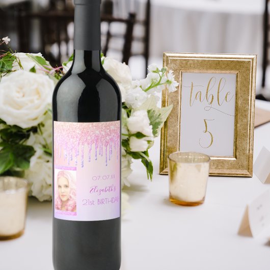 Birthday roze glitter druist holografische foto wijn etiket