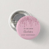Birthday roze glitter druppelt aangepast monogram ronde button 3,2 cm (Voorkant /achterkant)