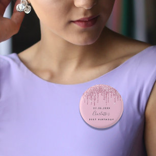 Birthday roze glitter druppelt aangepast monogram ronde button 3,2 cm