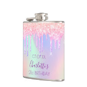 Birthday roze glitter druppelt naam holografisch o heupfles (Links)