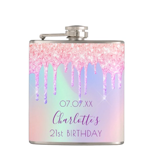 Birthday roze glitter druppelt naam holografisch o heupfles (Voorkant)