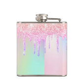 Birthday roze glitter druppelt naam holografisch o heupfles (Achterkant)