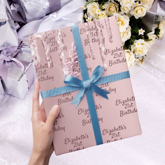 Birthday roze glitter druppelt stoffige roos monog cadeaupapier