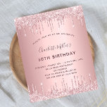 Birthday roze glitter dusty roos budgetuitnodiging<br><div class="desc">Een moderne, stijlvolle en glamoureuze uitnodiging voor het 50ste (of om het even welke leeftijd) verjaardagsfeest van een vrouw. Een stoffige roos, roze faux metallische achtergrond met faux glitter-druppelaar, verfdruppelend uiterlijk. De naam wordt geschreven met een modern donker roos goudkleurig handgeschreven stijlmanuscript met letters. Geef een persoonlijke naam, leeftijd en...</div>