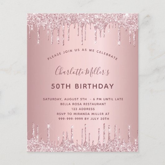 Birthday roze glitter dusty roos budgetuitnodiging (Voorkant)