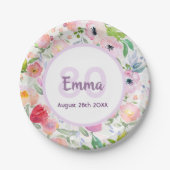 Birthday roze paarse bloemenmonogram papieren bordje (Voorkant)