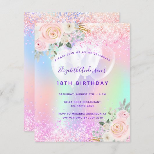 Birthday roze paarse glitter ballonnen uitnodiging (Voorkant / Achterkant)