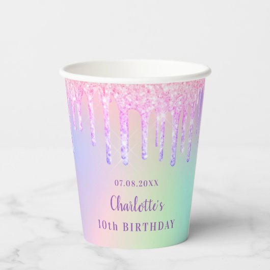 Birthday roze paarse glitter druppelt de regenboog papieren bekers (Achterkant)