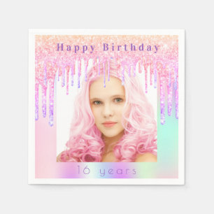 Birthday roze paarse glitter druppelt foto servet