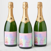Birthday roze paarse glitter druppelt foto sparkling wijnetiket (Flessen)