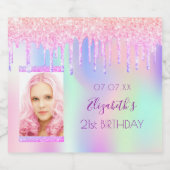 Birthday roze paarse glitter druppelt foto sparkling wijnetiket (Enkel label)