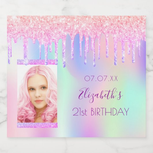 Birthday roze paarse glitter druppelt foto sparkling wijnetiket (Enkel label)