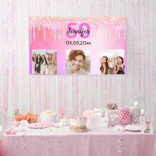 Birthday roze paarse glitter druppelt welkome foto spandoek (Feest)