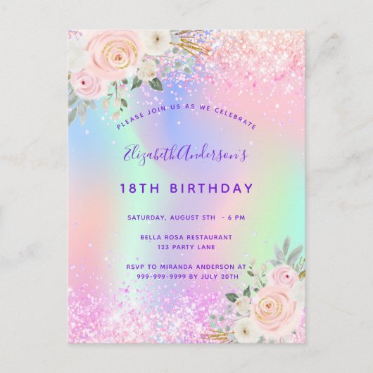 Birthday roze paarse glitter floral nodigt u uit briefkaart (Voorkant)