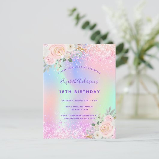 Birthday roze paarse glitter floral nodigt u uit briefkaart (Staand voorkant)