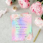 Birthday roze paarse glitter floral nodigt u uit briefkaart<br><div class="desc">Een meisjesachtige en vrouwelijke 18e (of om het even welke leeftijd) verjaardagsfeestuitnodiging. Voorzijde: Een regenboog, holografische achtergrond in paarse, roze, groen gekleurde munt, goud van roos. Gedemoreerd met wazig roze faux glitter, sparkles. Pas een naam en partijdetails aan en voeg deze toe. De naam wordt geschreven met een handgeschreven stijlmanuscript,...</div>