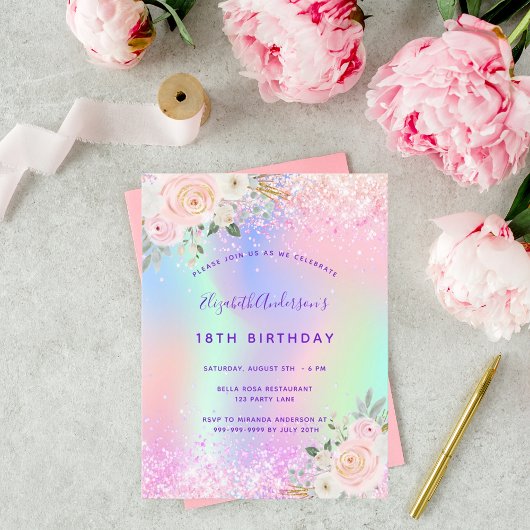 Birthday roze paarse glitter floral nodigt u uit briefkaart
