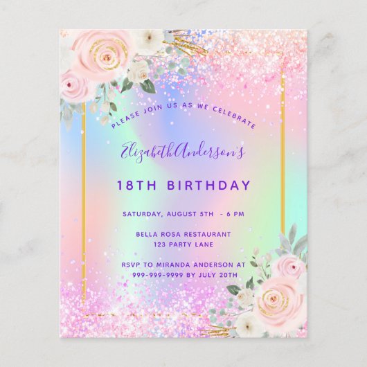 Birthday roze paarse glitter floral nodigt u uit flyer (Voorkant)