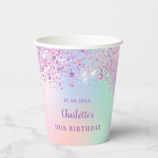 Birthday roze paarse glitter holografische naam papieren bekers (Voorkant)