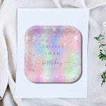 Birthday roze paarse glitter holografische naam papieren bordje<br><div class="desc">Een girale driekleurige achtergrond met eenhoorn- en regenboogpastelkleuren in roze,  paars,  roos goud,  muntgroen. Gedemoreerd met faux glitter stof. Pas een naam en leeftijd aan en voeg deze toe. Het woord verjaart wordt geschreven met een modern hand geschreven stijlmanuscript met letters.</div>