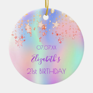 Birthday roze paarse sterren holografische naam keramisch ornament
