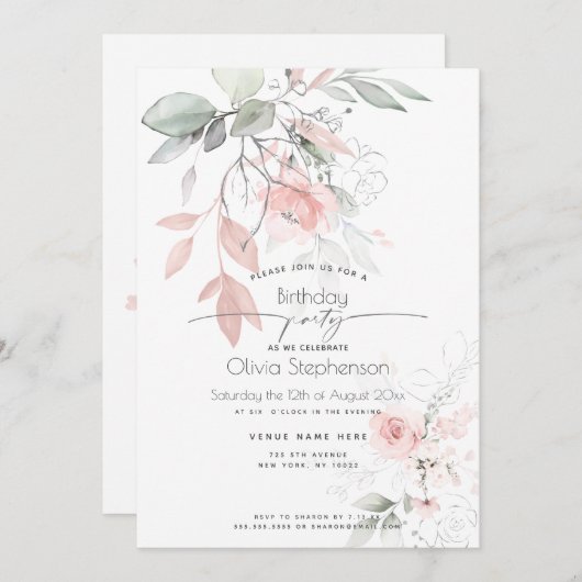 Birthday |  roze Roos Kaart (Voorkant / Achterkant)