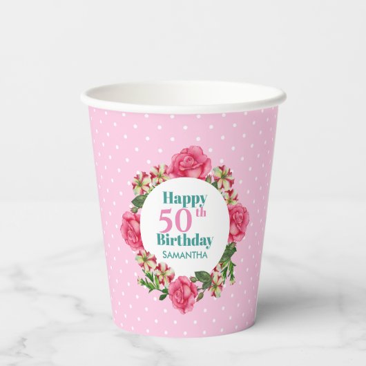 Birthday roze roze roodwitte petunia poka dots papieren bekers (Achterkant)
