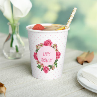 Birthday roze roze roodwitte petunia poka dots papieren bekers