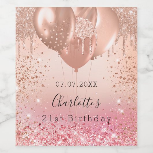 Birthday roze roze roos goudballonnen lollen leuk wijn etiket (Enkel label)