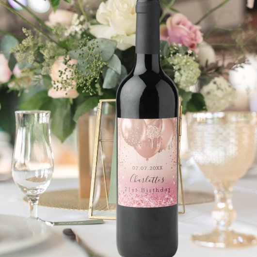 Birthday roze roze roos goudballonnen lollen leuk wijn etiket