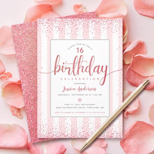 Birthday roze roze rozen goud glitter script aange kaart