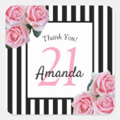 Birthday roze rozen zwarte strepen bedankt vierkante sticker (Voorkant)