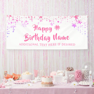 Birthday Roze sterren Penseelscript aangepast Spandoek