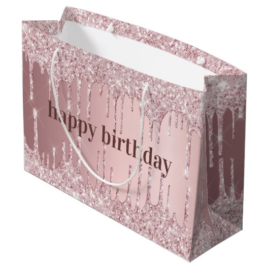 Birthday roze stoffige roos glitter druppelt luxe groot cadeauzakje (Achterkant Gekanteld)
